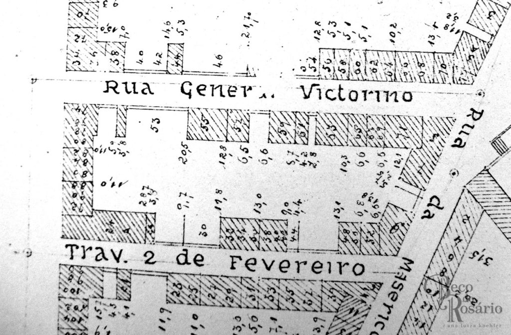 Planta de 1893 mostrando a antiga Travessa 2 de Fevereiro, antigo beco da Cadeia. Mapoteca do AHMMV.