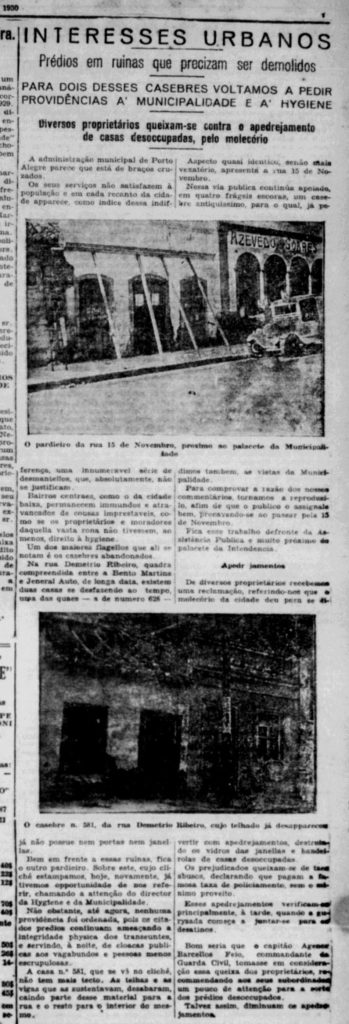 "Prédios em ruínas" Estado do Rio Grande, 16/01/1930, p. 7. Hemeroteca Digital da Biblioteca Nacional.