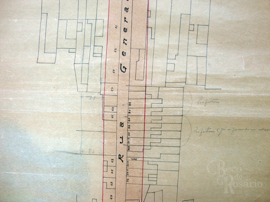 Detalhe do levantamento cadastral da rua General Paranhos com previsão da avenida Borges de Medeiros, ca. 1927. Arquivo Histórico de Porto Alegre Moysés Vellinho.