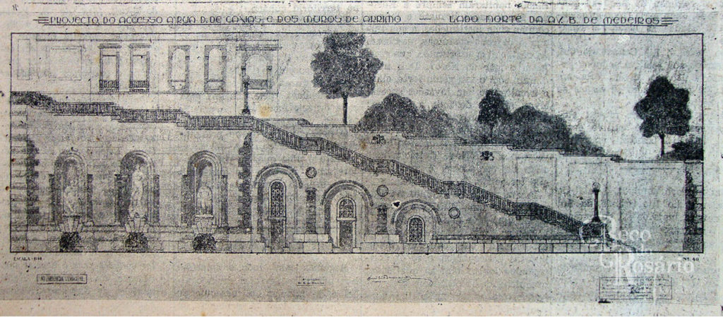 "Projecto do accesso á rua D. de Caxias e dos muros de arrimo - lado norte da avenida Borges de Medeiros". Provável parte do projeto de Duilio Bernardi. A Federação, 24/03/1927, p. 2. Hemeroteca do Arquivo Histórico Municipal Moysés Vellinho.