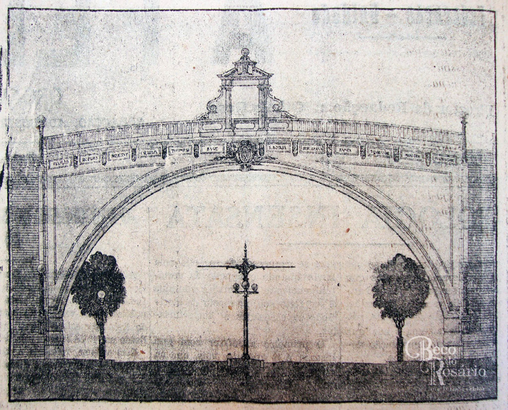 Desenho de um projeto do viaduto da rua Duque de Caxias. Projetista não identificado. A Federação, 24/03/1927, p. 2. Hemeroteca do Arquivo Histórico Municipal Moysés Vellinho.